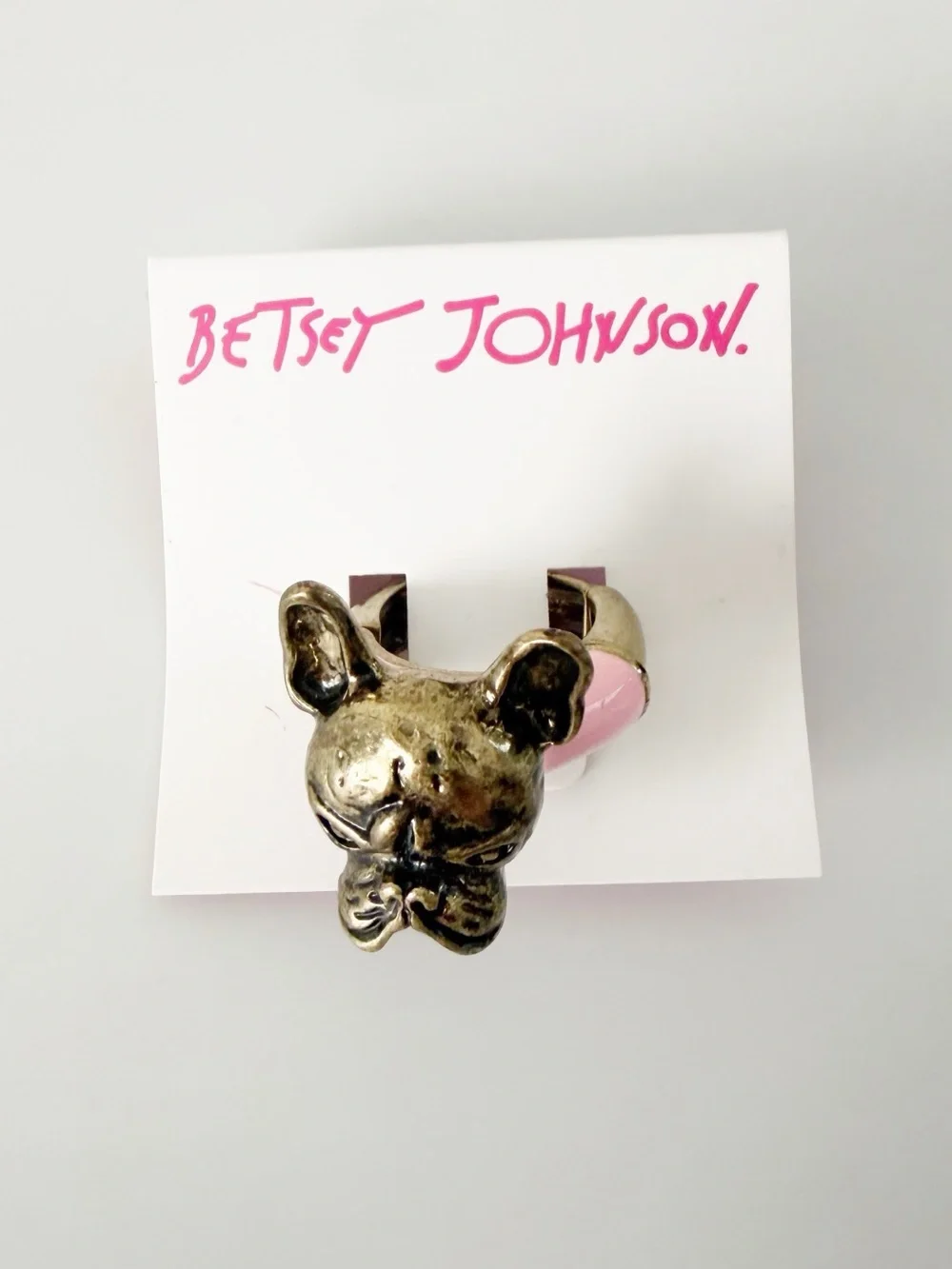 Betsey Johnson Frenchie Bulldog Gold Tone Pink Stretchy Ring NWT